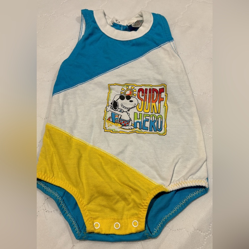 Vintage Peanuts Kids Surf Hero Sleeveless OnePiece Romper White/Blue/Yellow